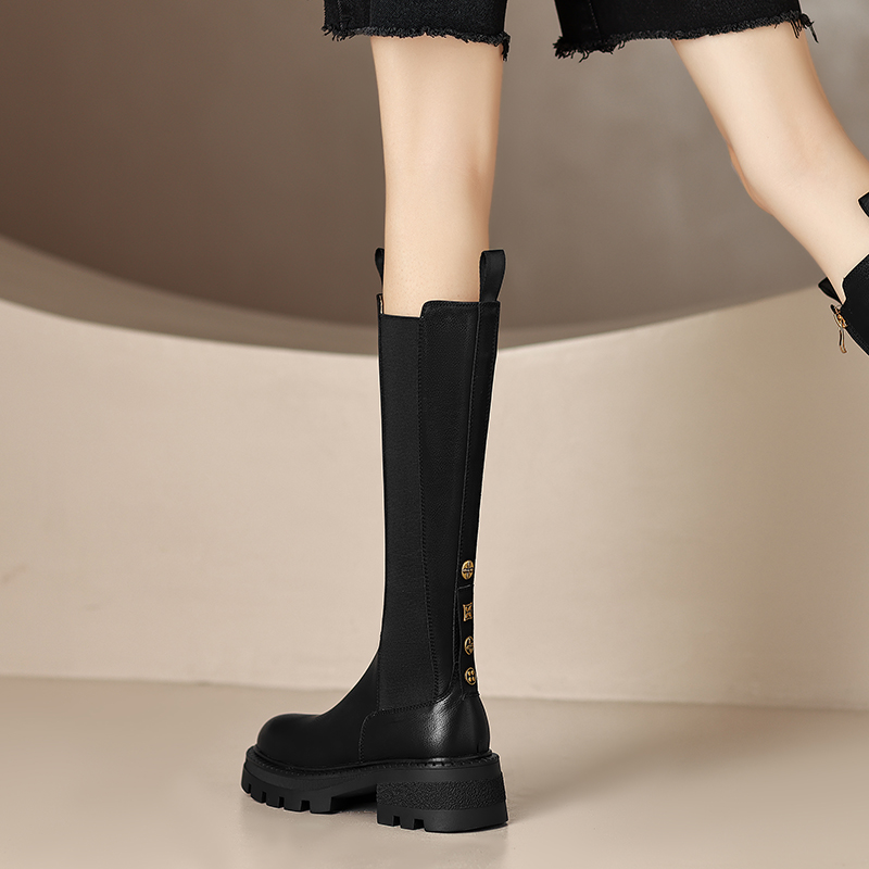 真皮原创长筒靴女小个子高筒骑士靴秋冬显瘦长靴子侧拉链金属厚底