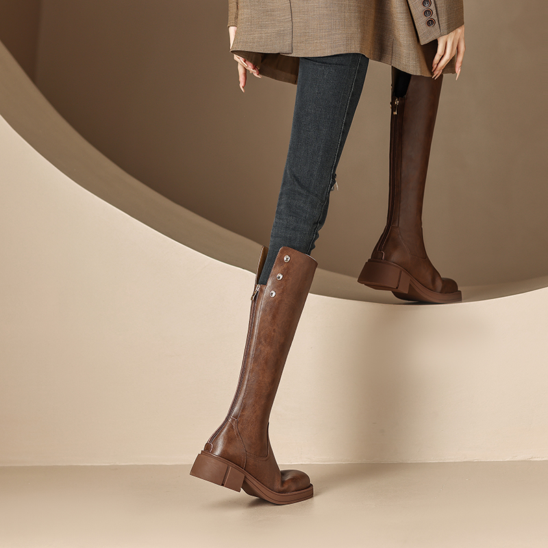 正品真皮巨显腿长圆头厚底骑士靴女2025后拉链粗跟长筒靴洋气百搭