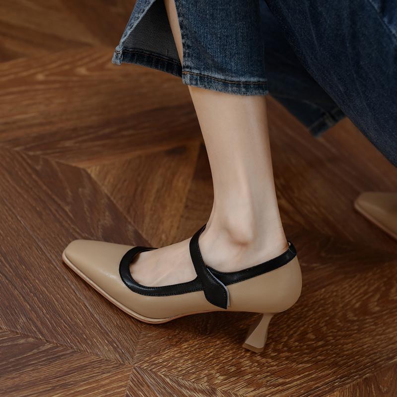 真皮复古拼色一字带玛丽珍小皮鞋气质小跟鞋猫跟高跟鞋浅口单鞋女