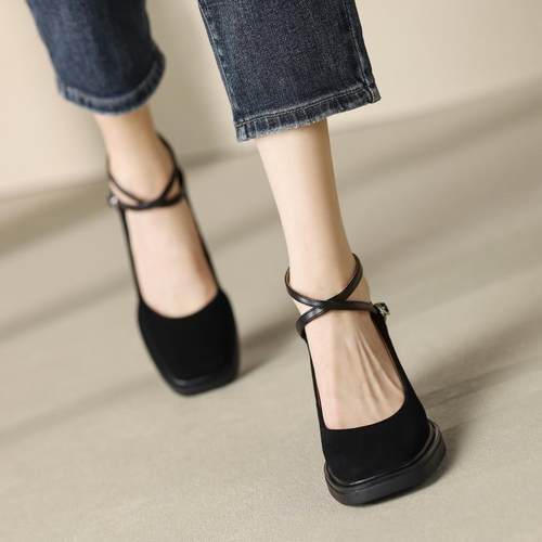 真皮法式复古磨砂皮交叉带玛丽珍单鞋通勤气质方头粗高跟鞋女鞋子