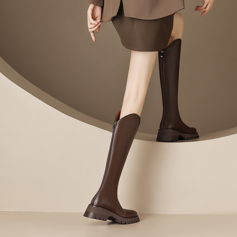 正品真皮巨显腿长~V口后拉链骑士靴女厚底复古长筒靴洋气百搭