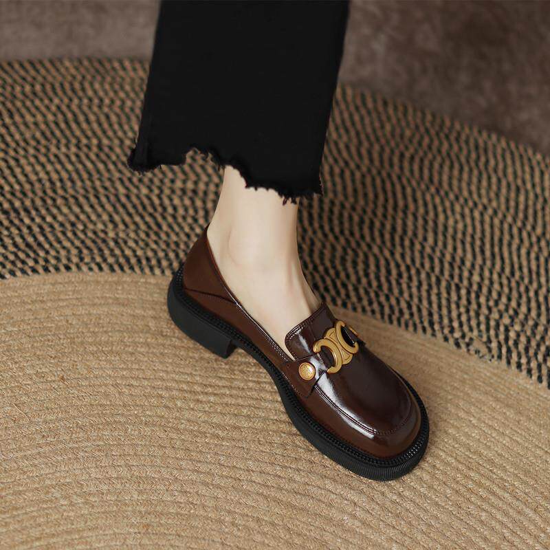 真皮2025复古棕色一脚蹬乐福鞋英伦风漆皮jk小皮鞋大头平底单鞋女