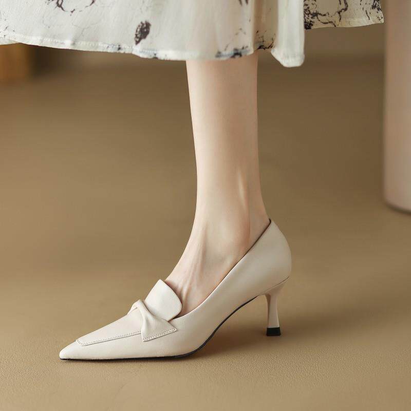 真皮法式通勤米白色职业工作鞋尖头深口单鞋复古气质细跟高跟鞋女
