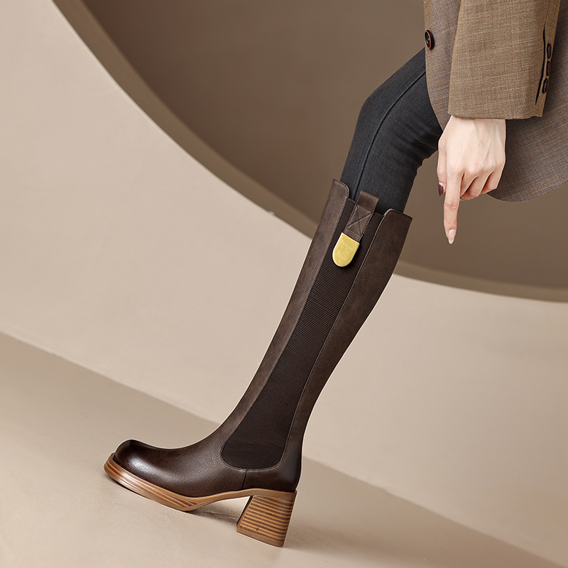 正品真皮显腿长~厚底骑士靴女秋冬复古高跟法式长筒靴洋气百搭