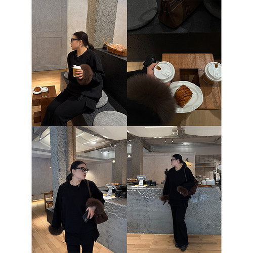 铅笔小鑫大码女装保暖CP可拆卸毛袖大码加绒卫衣休闲裤套装