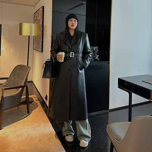 铅笔小鑫大码女装气质高级感简约百搭腰带收腰长款皮衣廓形外套