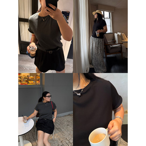 铅笔小鑫大码女装复古简约低饱和炭灰色高级显瘦T恤