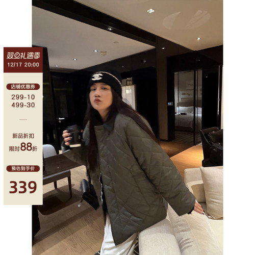 铅笔小鑫大码女装保暖夹棉灯芯绒复古翻领拼接菱格棉服