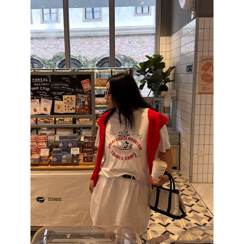 铅笔小鑫大码女装减龄新搭趣味卡通印花显瘦T恤+针织披肩
