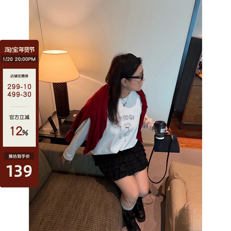 铅笔小鑫大码女装松弛休闲趣味卡通宽松显瘦印花长袖T恤,女装/女士精品,大码内搭,淘宝优惠券,粉丝福利购,淘宝优惠卷