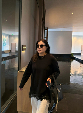 铅笔小鑫大码女装打破沉闷重工蕾丝拼接复古长袖T恤