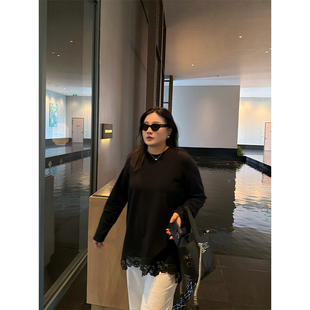 T恤 打破沉闷重工蕾丝拼接复古长袖 铅笔小鑫大码 女装