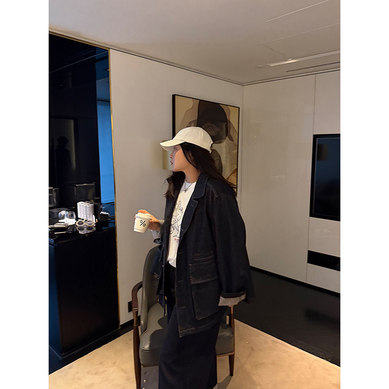 铅笔小鑫大码女装洗水丹宁大口袋翻领工装牛仔外套