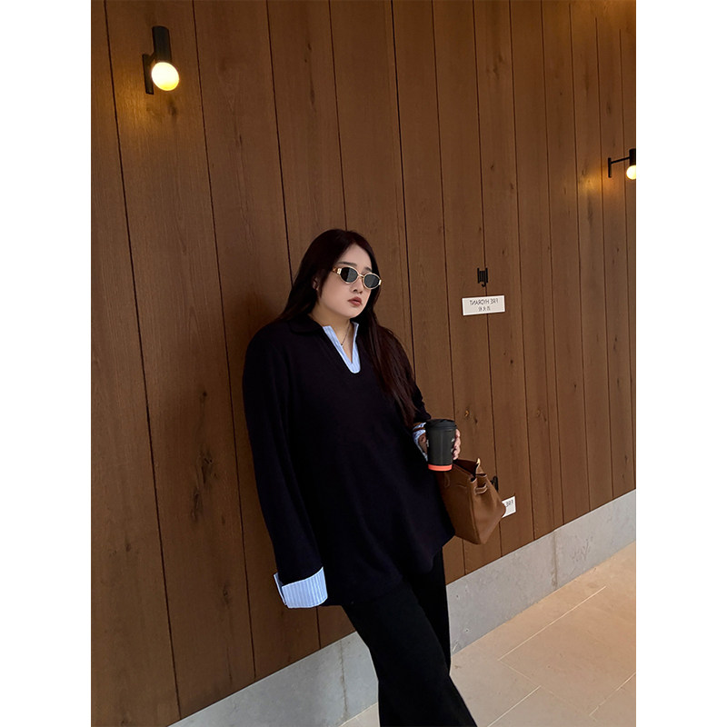 铅笔小鑫大码女装懒人叠搭条纹拼接 简约干练假两件针织毛衣,女装/女士精品,大码内搭,淘宝优惠券,粉丝福利购,淘宝优惠卷