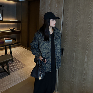 铅笔小鑫大码女装复古设计提花刺绣牛仔外套宽松显瘦长袖夹克