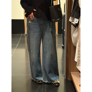 复古高腰洗水磨破做旧宽松阔腿牛仔裤 铅笔小鑫大码 女装