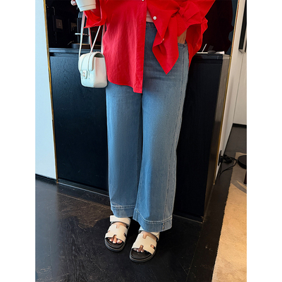 铅笔小鑫大码女装复古洗水修饰腿型舒适宽松直筒阔腿翻边牛仔裤