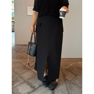 铅笔小鑫大码 万搭私服黑色高腰开叉遮肉半身裙 女装