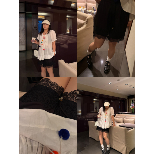 铅笔小鑫大码女装下摆重工睫毛蕾丝花边抽绳阔腿短裤