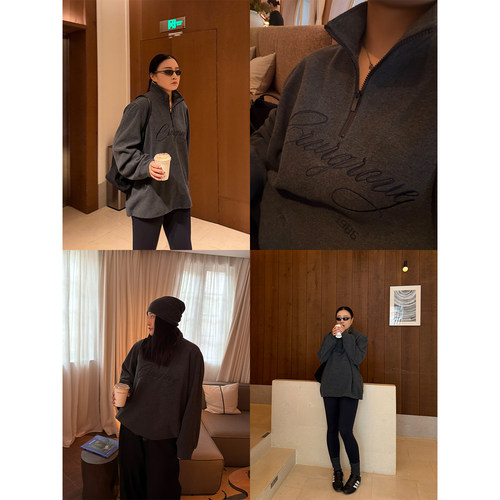 铅笔小鑫大码女装美式休闲复古字母高质刺绣立领卫衣