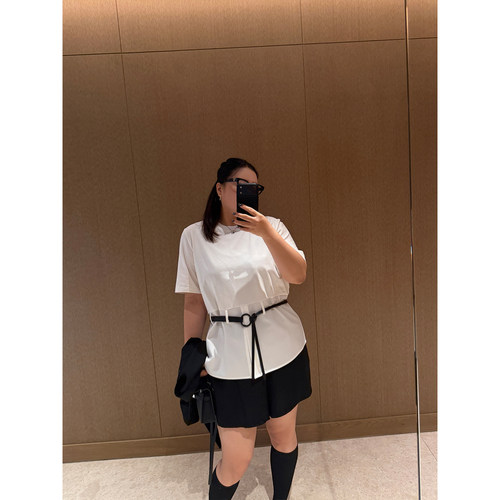 铅笔小鑫大码女装吸睛收腰设计感配腰带显瘦开叉正肩T恤