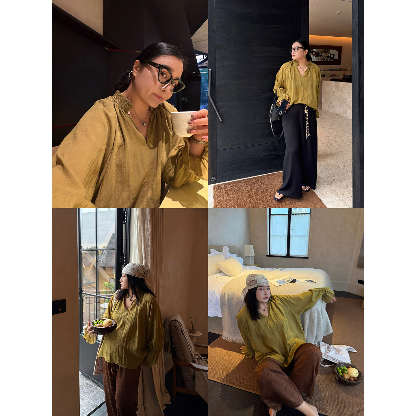 铅笔小鑫大码女装法式复古芥末绿肌理褶皱V领衬衫女