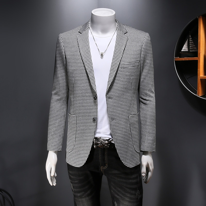 2021男士加厚格子秋季修身上衣西服小西装外套666P185控价318图片