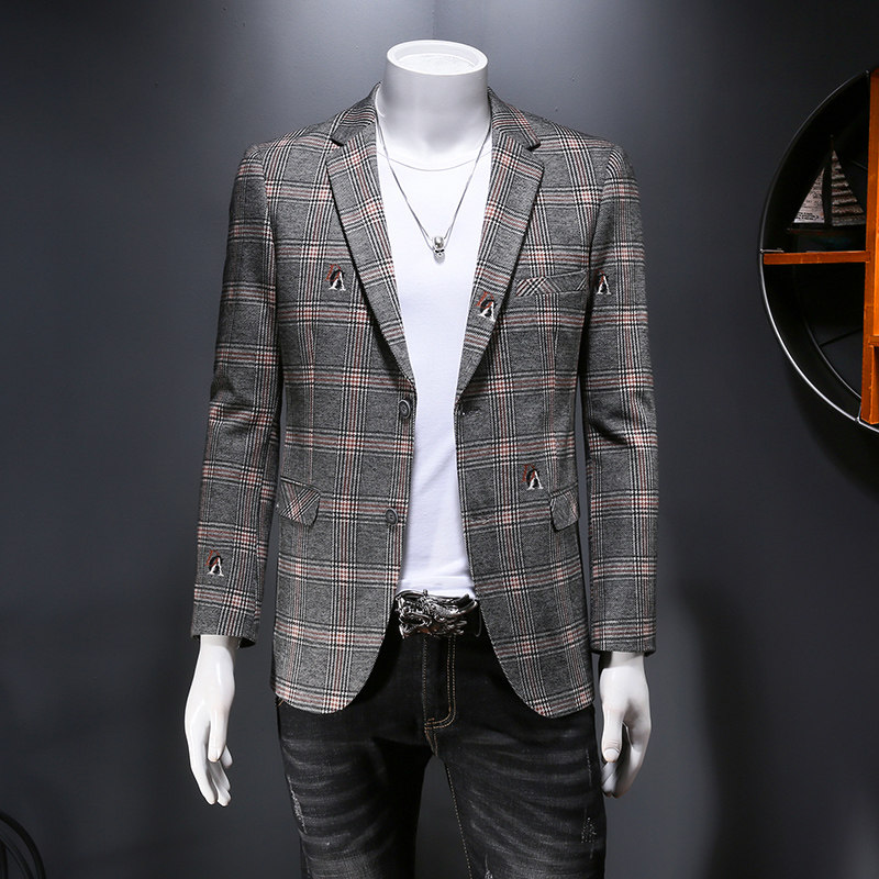 2021男士加厚格子秋季修身上衣西服小西装外套P180图片