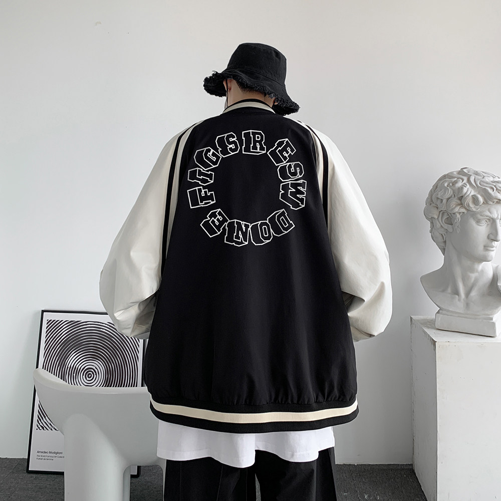 23春季港风时尚拼接拼色排扣棒球服设计感印花夹克JK877P65控88,男装夹克,电商A247