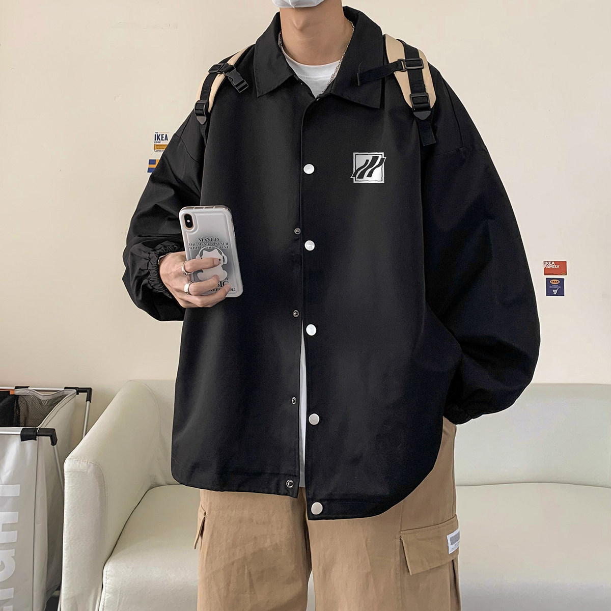 港风23春季新款ins潮流字母印花教练服夹克外套JK318P50控78,男装夹克,电商A247