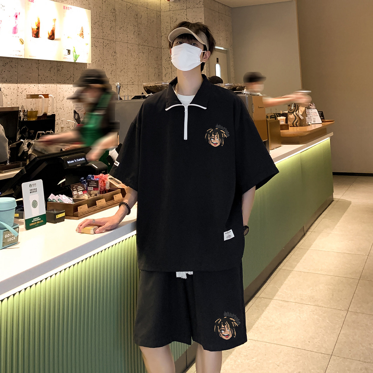 港风23夏季时尚半拉链短袖潮流百搭短裤五分裤套装TZ760P65控98,男装休闲套装,电商A247