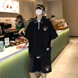 港风23夏季时尚半拉链短袖潮流百搭短裤五分裤套装TZ760P65控98，男装休闲套装，电商A247