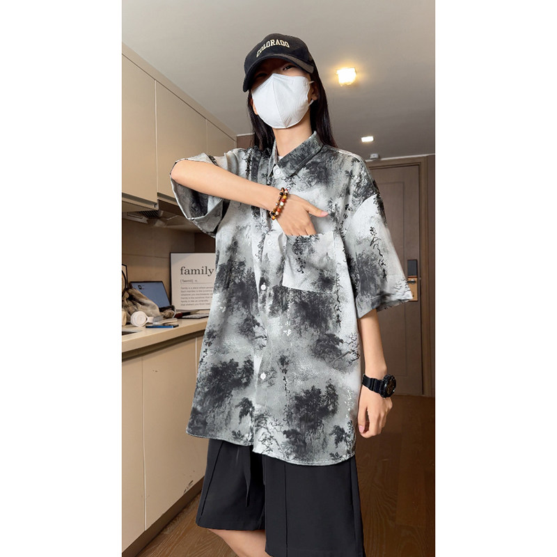 夏季民族风水墨画冰丝衬衣垂感短袖衬衫S232特批P35控58,男装民族服装,电商A247