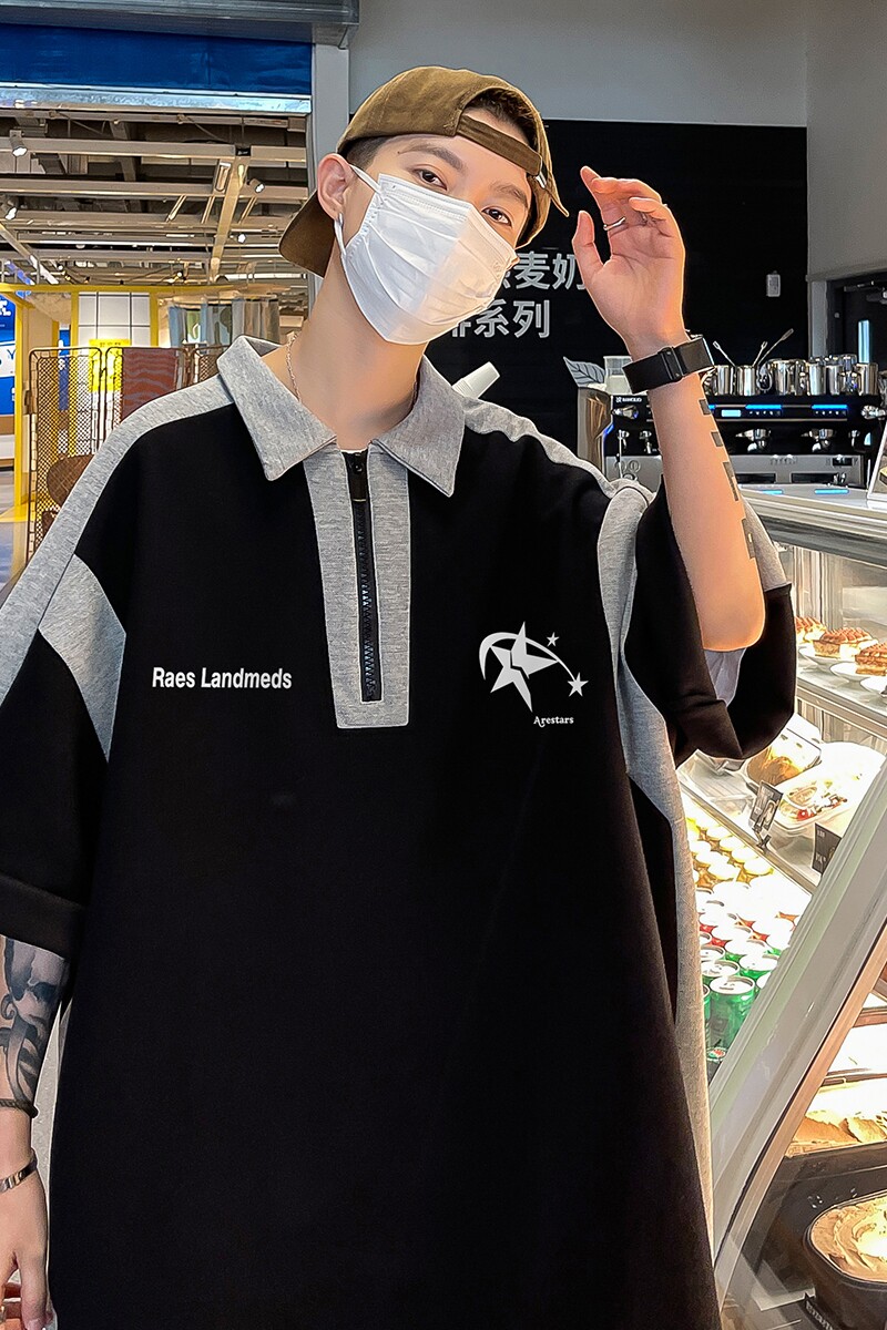 港风23新款夏季时尚百搭翻领半拉链印花短袖T恤DT3208P45控68,男装Polo衫,电商A247