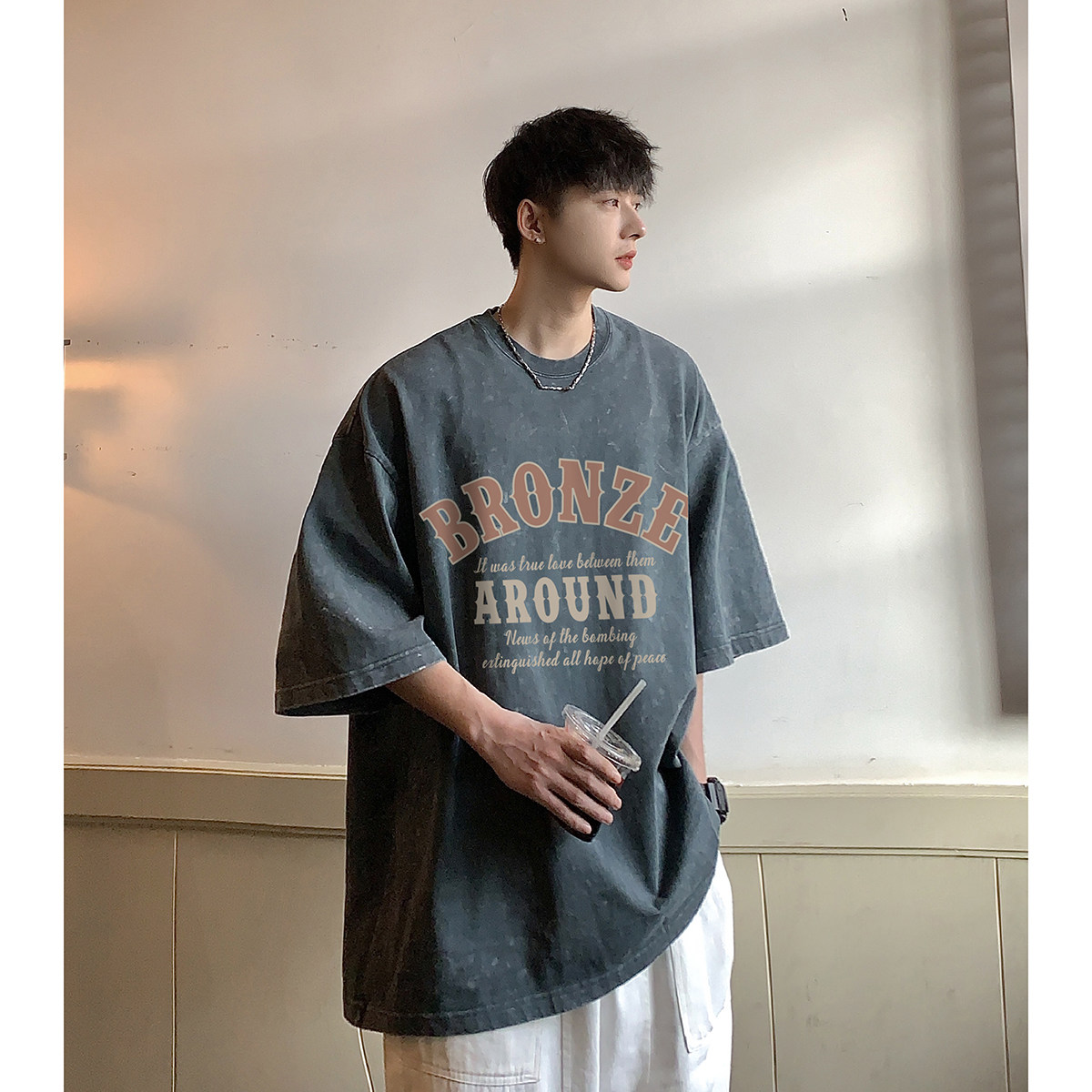 港风23夏季新款复古字母印花水洗做旧纯短袖T恤DT1007P38控58,男装T恤,电商A247