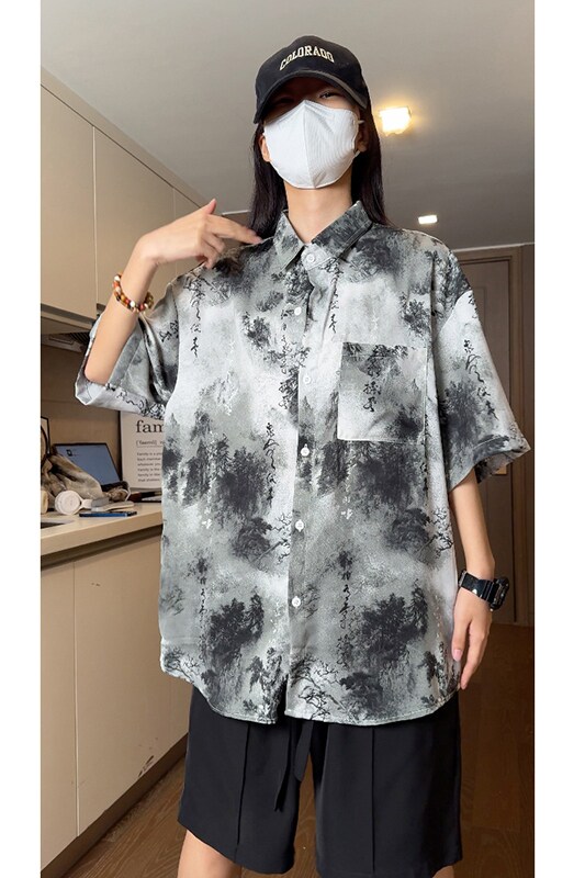 夏季民族风水墨画冰丝衬衣垂感短袖衬衫S232特批P35控58,男装民族服装,电商A247