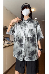 夏季民族风水墨画冰丝衬衣垂感短袖衬衫  S232特批P35控58图片