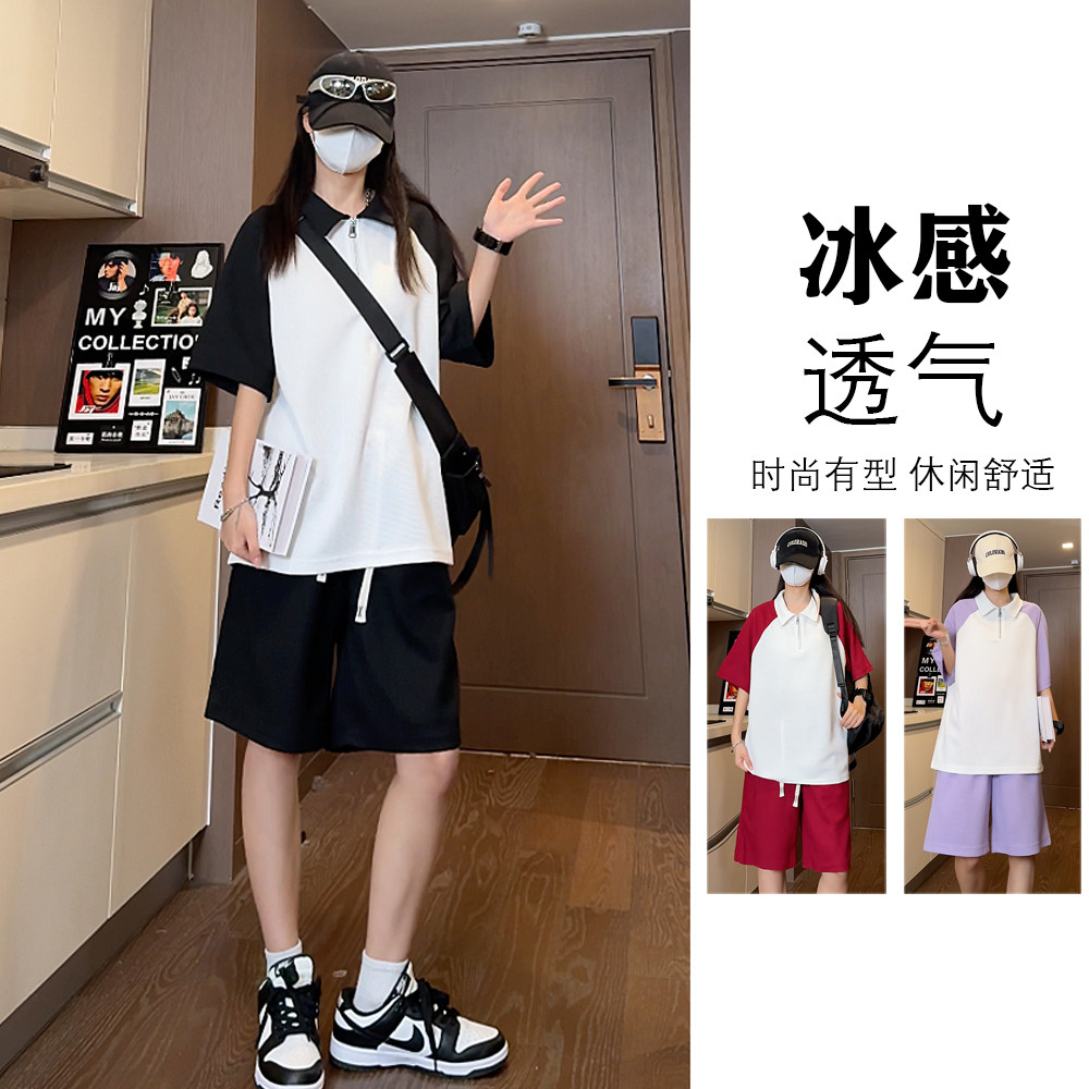 抖音 华夫格插肩袖拼色polo短裤休闲针织套装 TZ1500特批P50控98图片