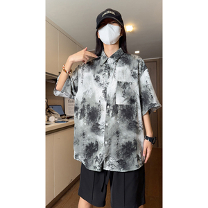 夏季民族风水墨画冰丝衬衣垂感短袖衬衫  S232特批P35控58图片