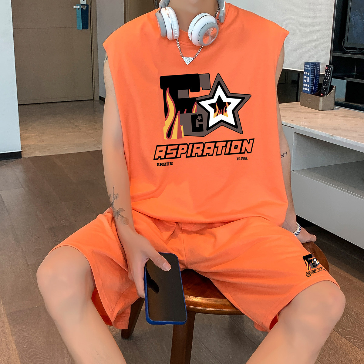 夏季潮流时尚印花款宽松百搭无袖T恤短裤套装TZ213P50控68，男装休闲套装，电商A247