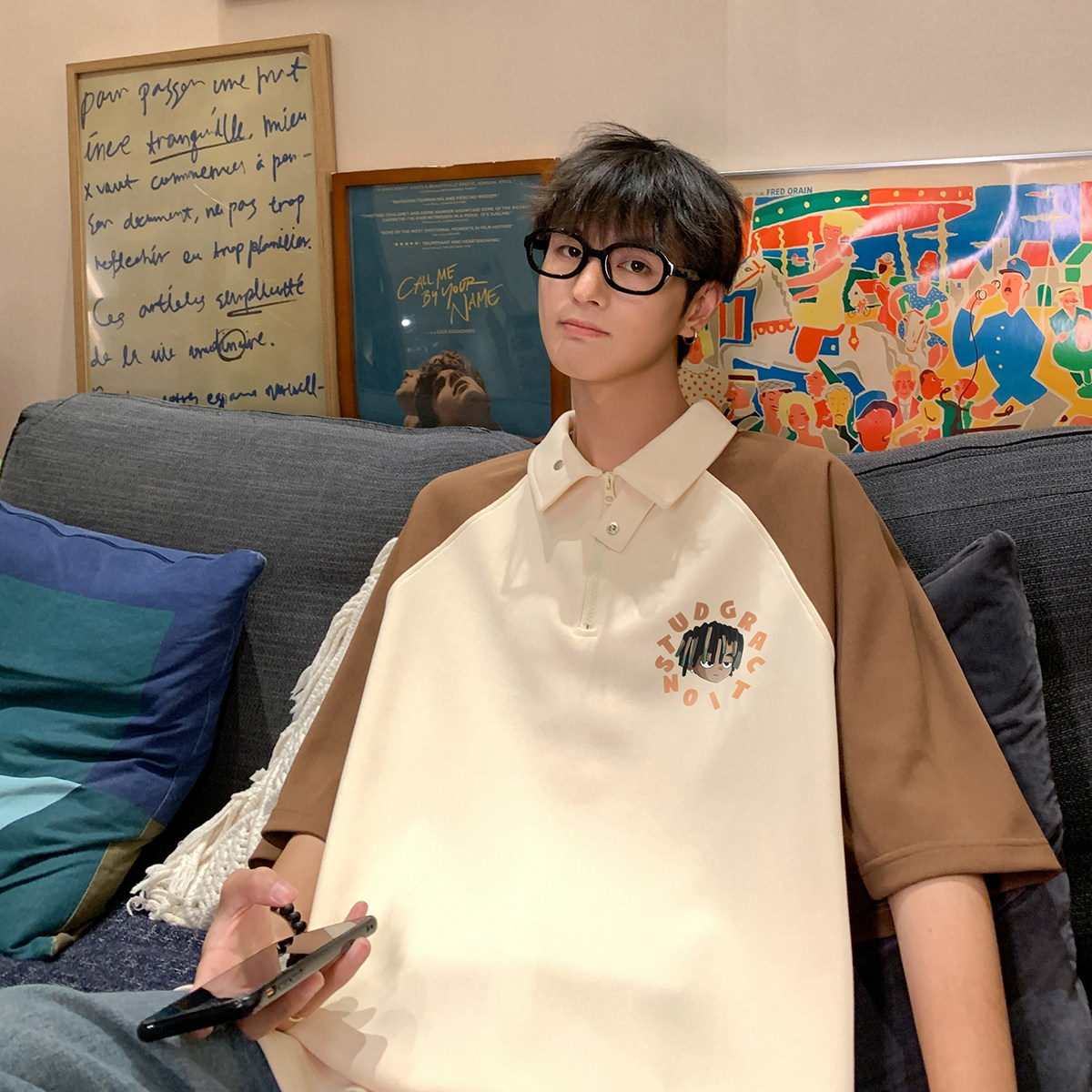 夏季280G珠地美式宽松翻领印花polo衫短袖T恤DT461特批P40控68，男装Polo衫，电商A247