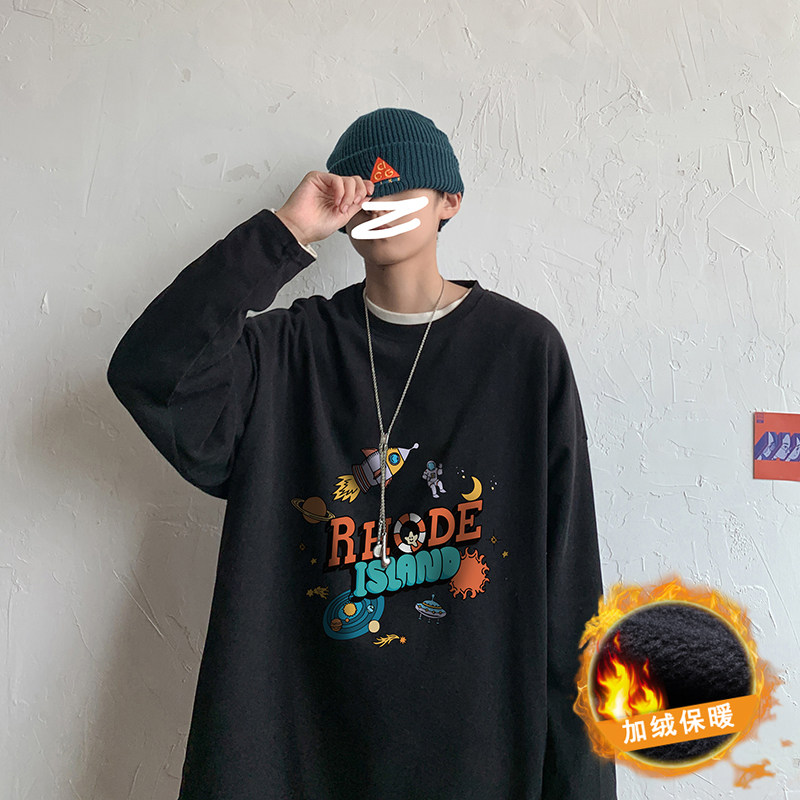 Plush thick loose off shoulder printed couple long sleeve T-shirt m-5xl