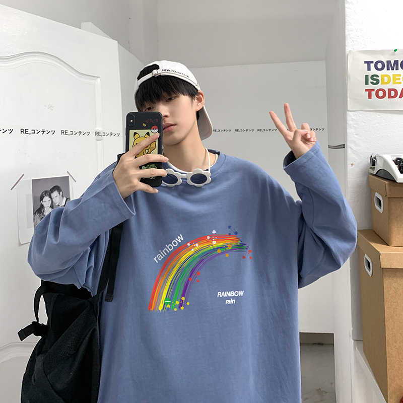 Hong Kong Style early autumn new rainbow print loose bottomed T-shirt with round neck and long sleeve
