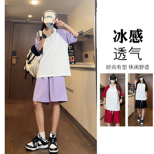 抖音 华夫格插肩袖拼色polo短裤休闲针织套装 TZ1500特批P50控98图片