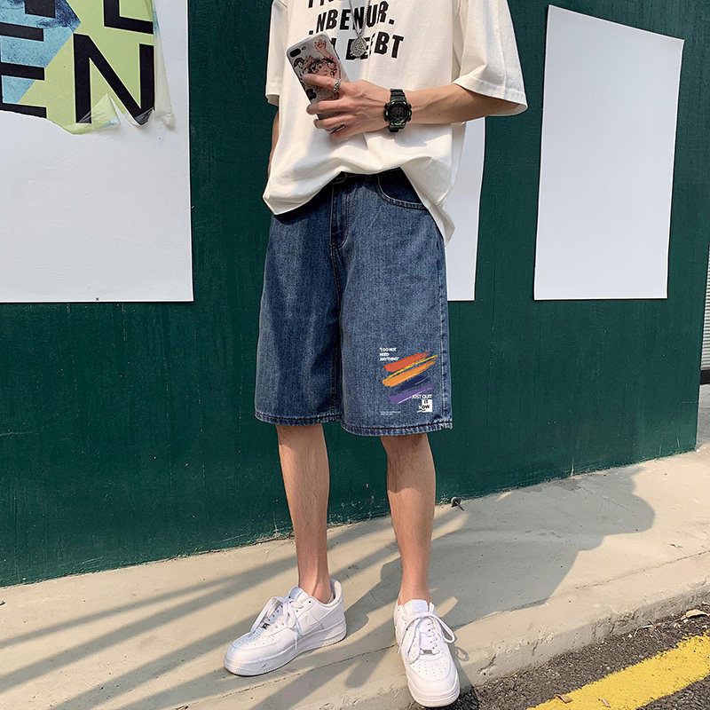 港风23夏季时尚潮流印花款设计牛仔短裤百搭休闲五分裤E38P35控48,男装牛仔裤,电商A247