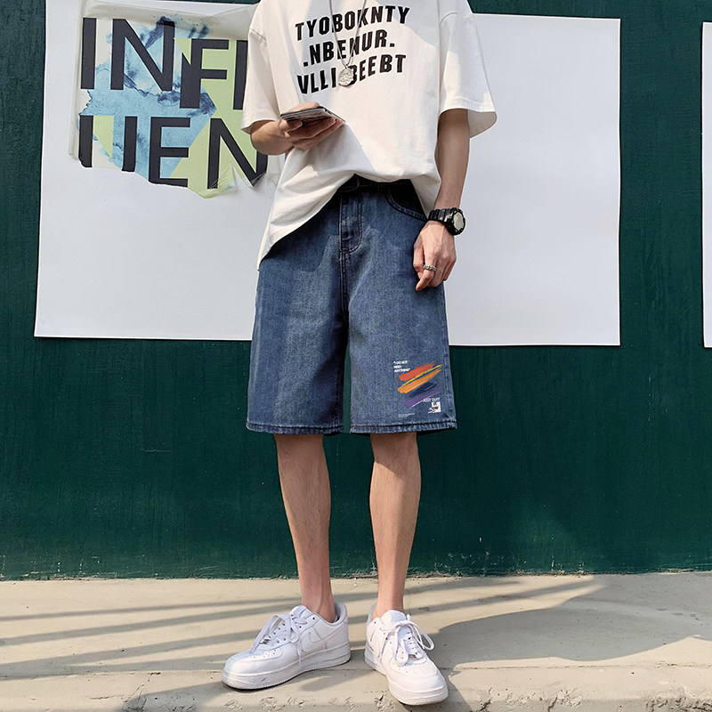 港风23夏季时尚潮流印花款设计牛仔短裤百搭休闲五分裤E38P35控48,男装牛仔裤,电商A247