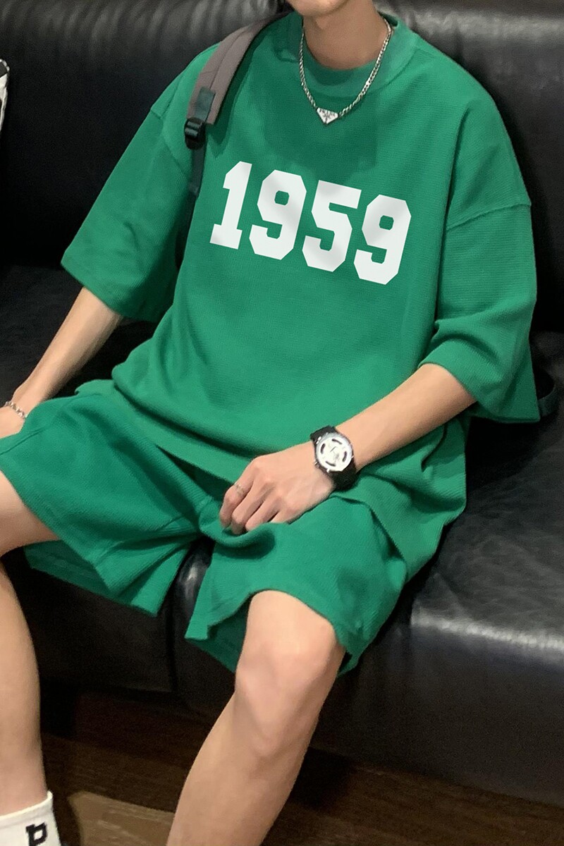 港风夏季时尚华夫格字母印花重磅短袖T恤+短裤套装TZ976P65控88,男装休闲套装,电商A247