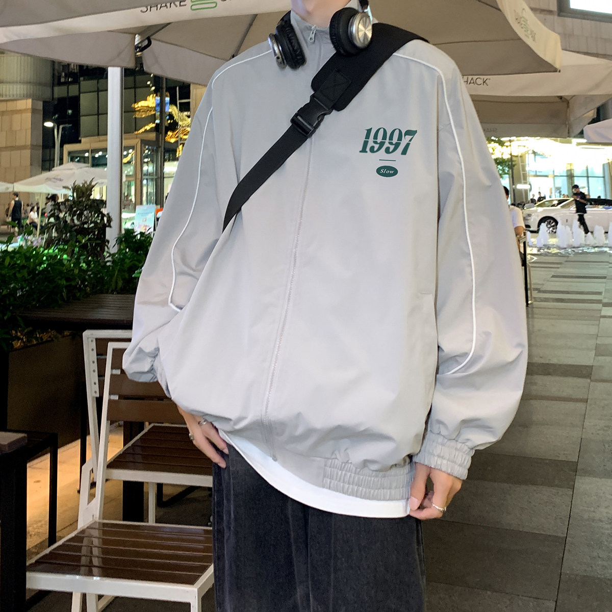 春季时尚宽松拼色织带立领休闲夹克外套F350P65控98,男装夹克,电商A247