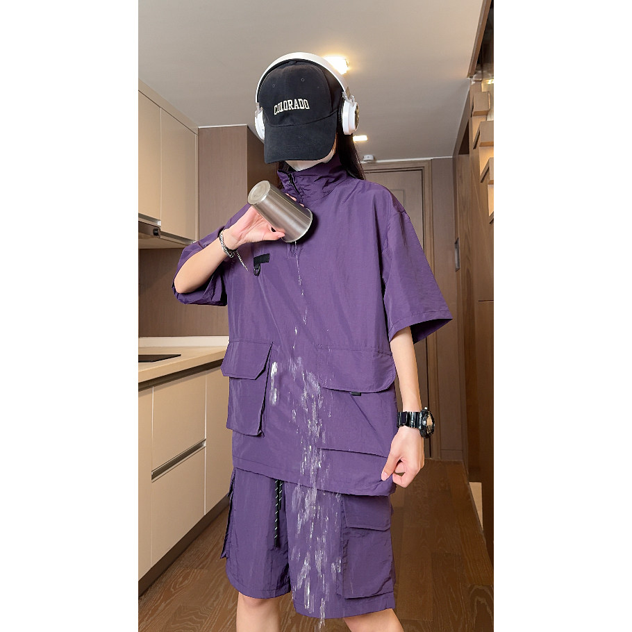 抖音防水立领工装大口袋衬衫短裤休闲套装TZ1440特批P65控108,男装休闲套装,电商A247