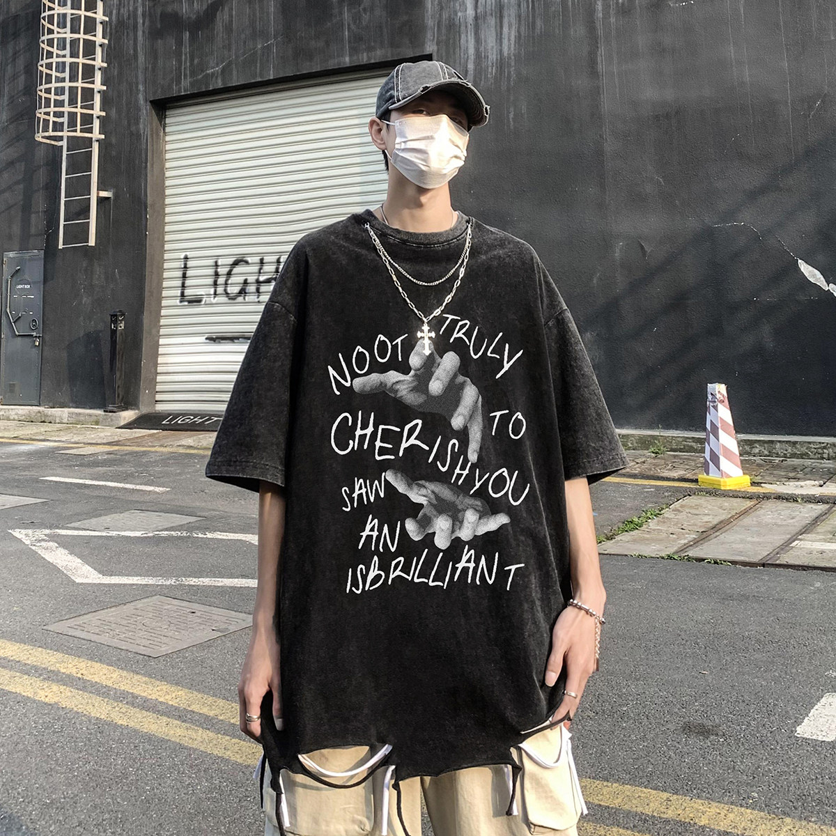 夏季印花做旧纯棉水洗送项链圆领短袖T恤DT351P45控68,男装T恤,电商A247